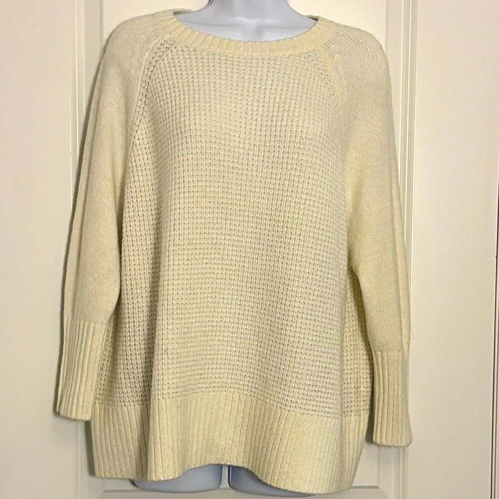 LOFT Women’s Ivory Waffle-Knit Crew Neck Raglan Long Sleeve Pullover Sweater L